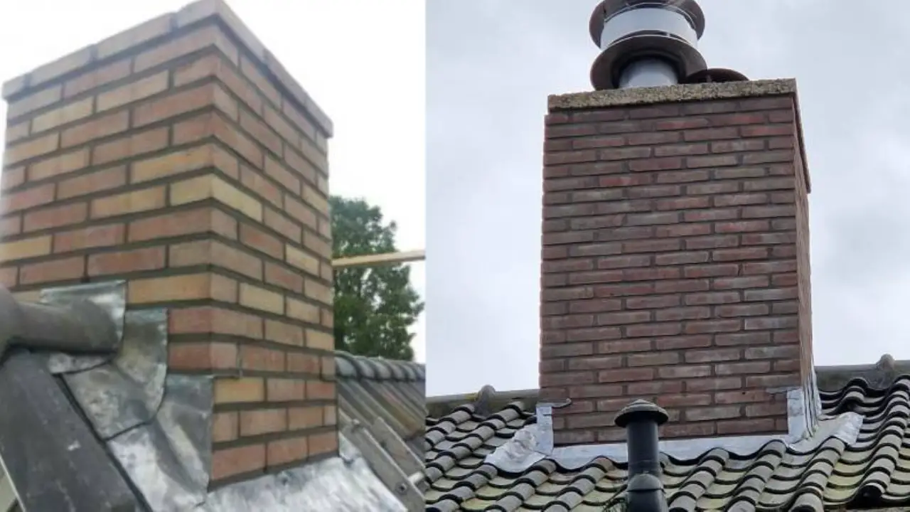 Monumentale schoorsteen met historisch loodwerk dat professioneel wordt onderhouden